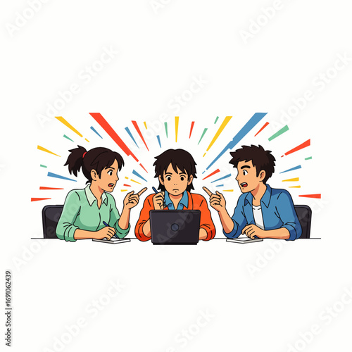 Three diverse individuals navigate a high-pressure collaborative task, with two colleagues intensely engaging the central, focused person amidst a vibrant, energetic atmosphere.