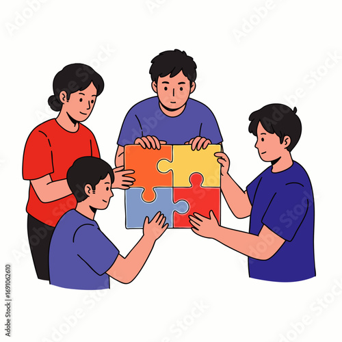 A diverse group of individuals, including adults and children, collaboratively assemble a vibrant four-piece jigsaw puzzle, symbolizing unity and shared problem-solving efforts.