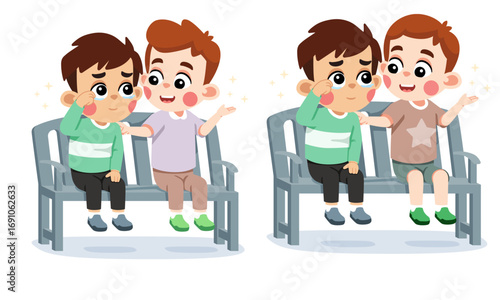 Two boys sitting on a park bench, one comforting the other, showing empathy and friendship.