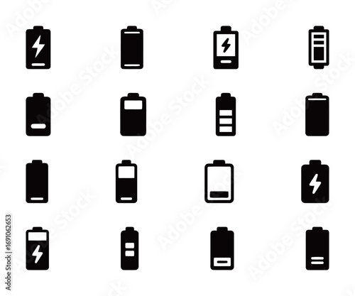 Battery icons showing different power levels. Charging and energy symbols.