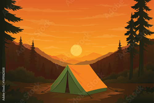 Camping tent in forest at sunset