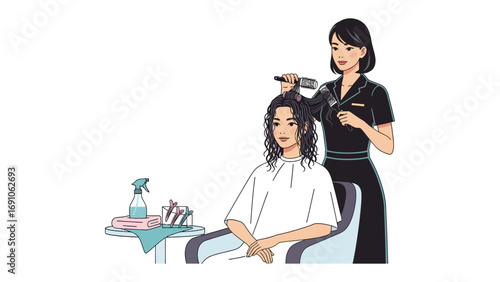 Young woman sitting in a salon chair receiving a professional haircut and styling from a skilled hairdresser using a blow dryer and comb