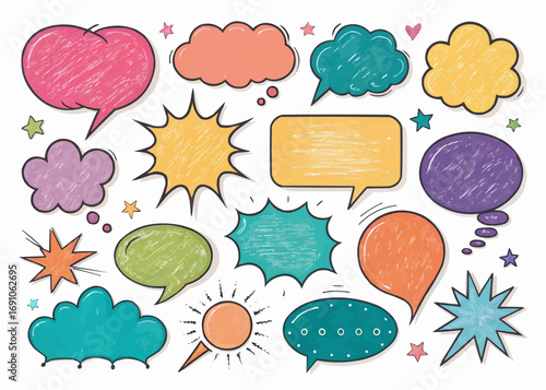 Collection of colorful hand drawn speech bubbles and thought clouds with different shapes and designs