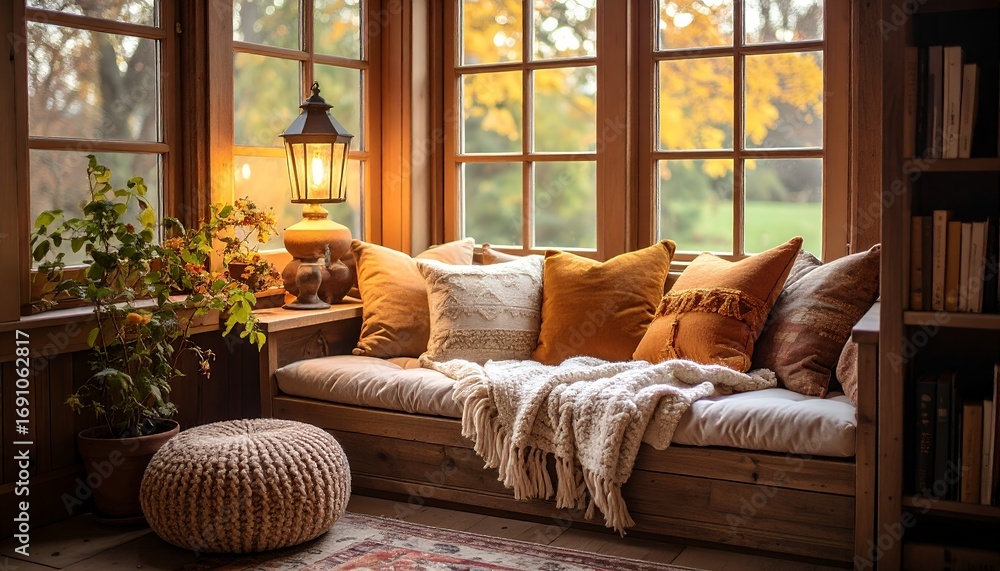 Fototapeta premium Cozy Reading Nook with Autumn View