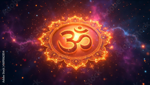 Cosmic digital artwork with the sacred Om (ॐ) symbol glowing at the center, surrounded by a radiant mandala made of stardust and nebula patterns.