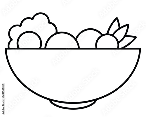 Healthy food bowl with fresh vegetables line art icon on white