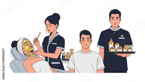 Skilled beautician applies golden facial mask to client while male attendant holds tray of beauty products and another man waits