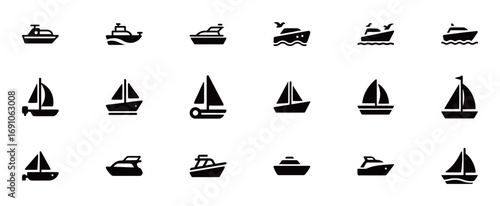 Boat and yacht icons. A collection of water transport and sailing symbols.