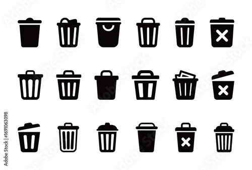 Trash can icons in black and white. Garbage, delete, and recycling symbols.