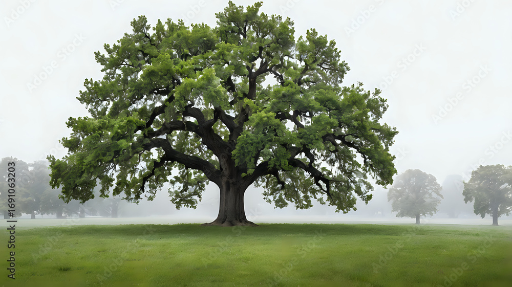 Fototapeta premium Single green oak tree — isolated on pure white, full foliage detail