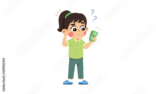 Lost Money Confused Girl with Few Dollars Looks Anxiously at Her Cash