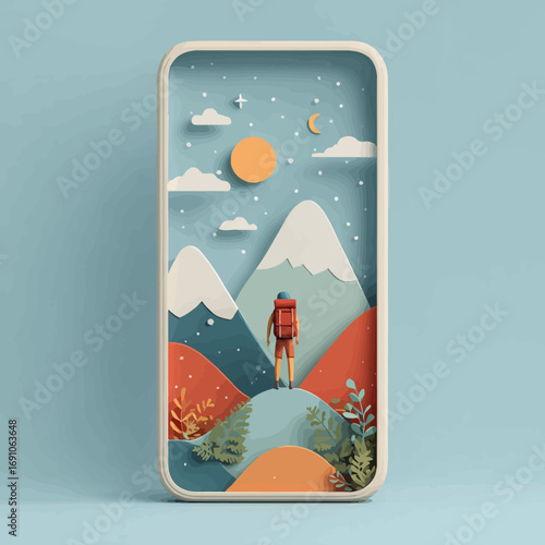 A stylized papercraft illustration showing a solo hiker's mountain journey, viewed through a smartphone screen for digital travel stories