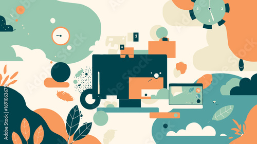 Abstract illustration of a modern digital workspace with a computer, clock, and organic shapes, concept for business and technology seminar