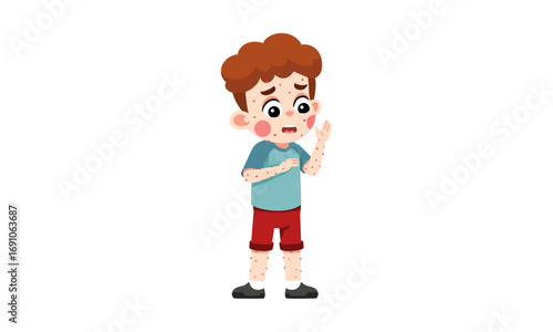 A young boy with a worried expression and skin rash, looking concerned about his skin condition.