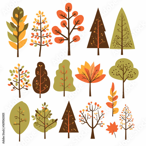 A diverse set of stylized autumn forest trees in a flat design. Vector graphic illustration collection with simple, solid color leaves for seasonal projects