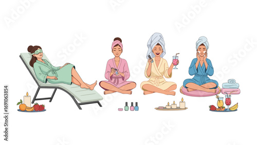 Group of women enjoying a relaxing spa day with beauty treatments and self care rituals in a tranquil and serene atmosphere