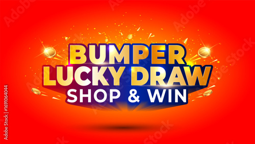 Bumper Lucky Draw shop and win prize offer. Sale promotion 3d Logo unit design with festive background.