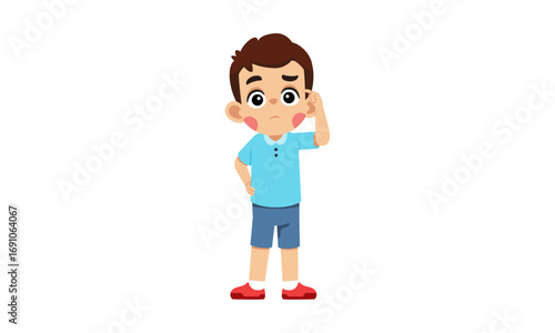 A cartoon illustration of a young boy with brown hair, wearing a blue shirt and shorts, standing and scratching his head, looking thoughtful or confused on a white background.