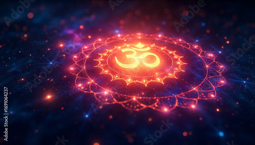 Cosmic digital artwork with the sacred Om (ॐ) symbol glowing at the center, surrounded by a radiant mandala made of stardust and nebula patterns.