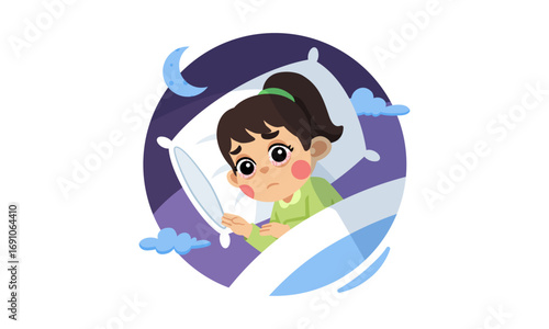 A young girl lies awake in bed at night, looking worried under the moonlight with clouds drifting by.