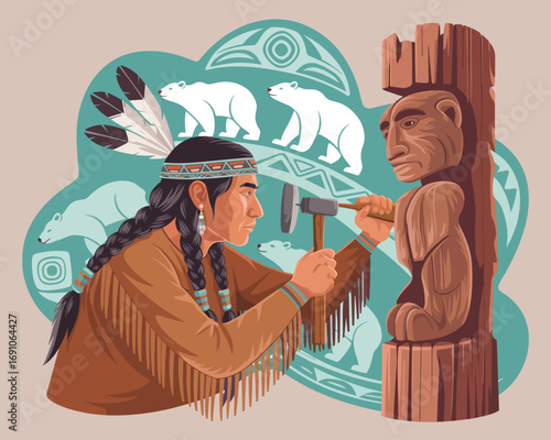 Indigenous artisan carving a totem pole with bears in the background