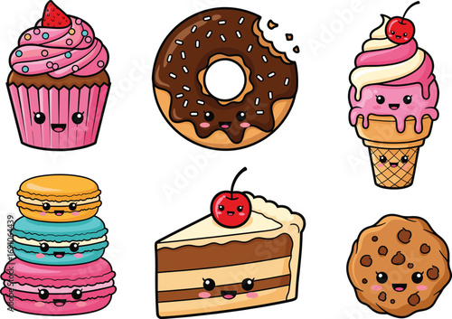 Set of cute cartoon desserts including cupcake, donut, ice cream, macarons, cake, and cookie, fun vector illustration for sweet themes
