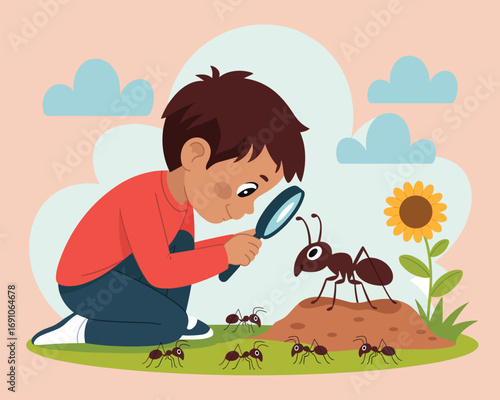 Young Explorer Boy Investigating Ants with Magnifying Glass