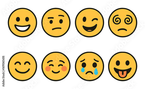 Set of eight diverse yellow emoticons displaying various facial expressions