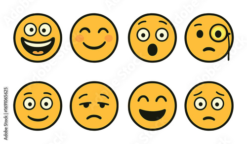 Eight expressive yellow emoji faces displaying various emotions on a gradient background