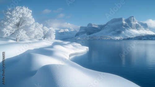 Idyllic Winter Landscape with Snowy Hills and Majestic Mountains