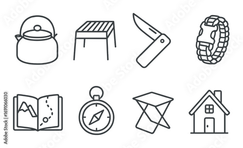 Outdoor adventure icons: kettle, grill, knife, watch, map, compass, origami, house
