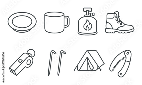 Camping essentials outline: mug, stove, tent, boots, and tools