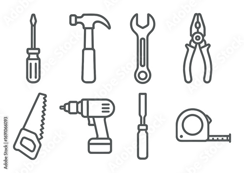 Tool silhouettes: hammer, screwdriver, wrench, pliers, saw, drill, chisel, tape measure