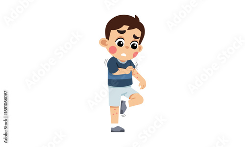 Cartoon boy with skin rash scratching his arm and leg.