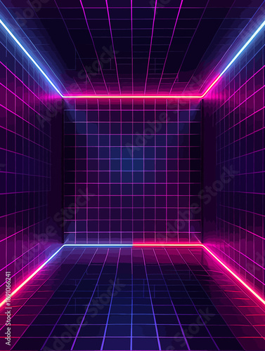 Futuristic sci-fi corridor with glowing pink and blue neon lights, forming a 3D virtual reality tunnel with a reflective grid pattern