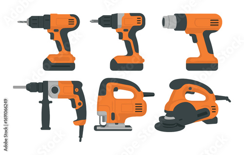 Set of orange power tools: drill, driver, heat gun, and more on gradient background