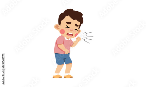 A young boy is shown coughing, with his hand covering his mouth and a distressed expression on his face.