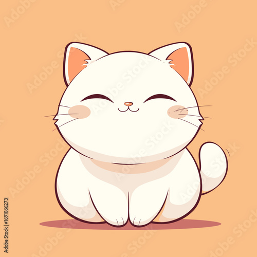 Charming cartoon of a chubby, smiling white cat sitting on an orange background