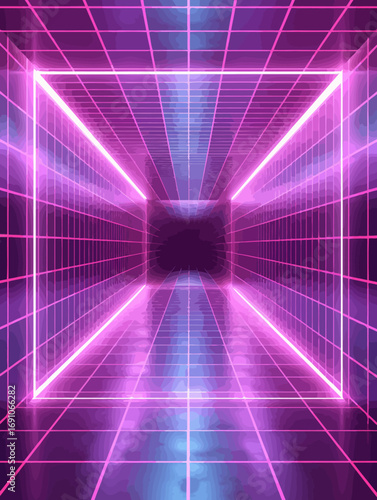 Neon Grid Tunnel Abstract Purple and Pink Glowing Lines