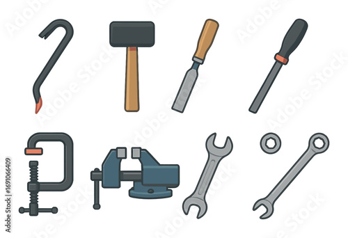 Hand tools set: crowbar, hammer, chisel, file, clamp, vise, wrenches, nuts