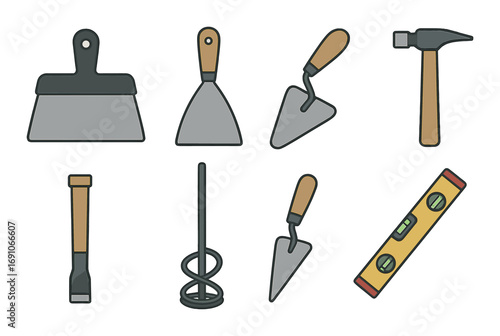 Construction tools illustration: hammer, trowel, level, spatula