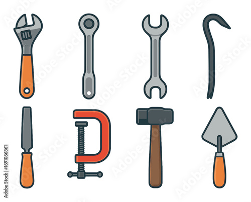 Assorted manual tools set: wrench, spanner, hammer, crowbar, chisel, clamp, trowel