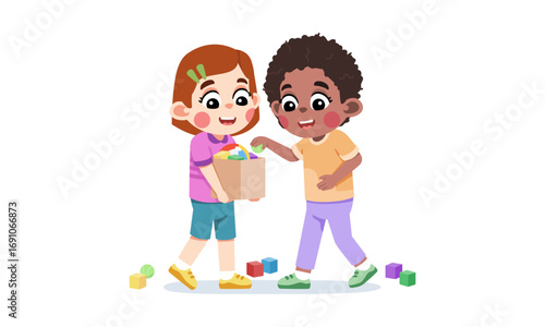 Two diverse children, a boy and a girl, happily sharing and playing together with a box of colorful toy blocks on a white background.