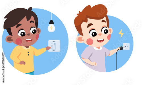 Two cartoon boys demonstrating safe electrical practices, one turning off a light switch and the other unplugging a device.