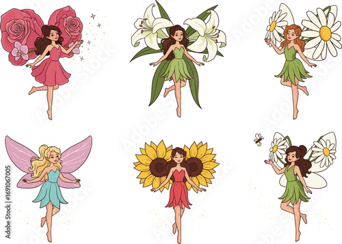 Whimsical flower fairies vector set with rose, lily, daisy, sunflower themes, cute fantasy characters, children’s illustration, magical garden art