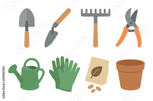 Colorful gardening tools and supplies with glowing effects on a gradient background