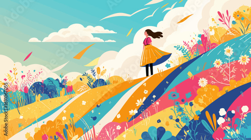 A Vibrant Landscape with a Woman Standing on a Hill, Surrounded by Colorful Flowers and Sunshine
