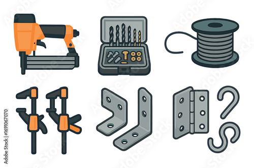 Collection of tools and hardware accessories including nail gun and drill bits