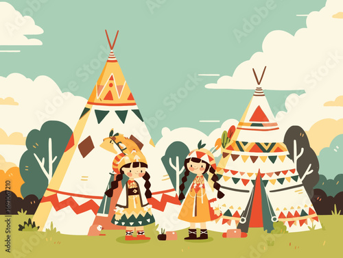 A charming flat illustration of two indigenous girls in cultural clothing with teepees, rendered in soft, gentle colors and fine lines