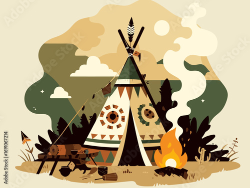 Cozy minimalist illustration of a teepee camp at night with a warm campfire, capturing an outdoor adventure in nature with soft colors and thin lines